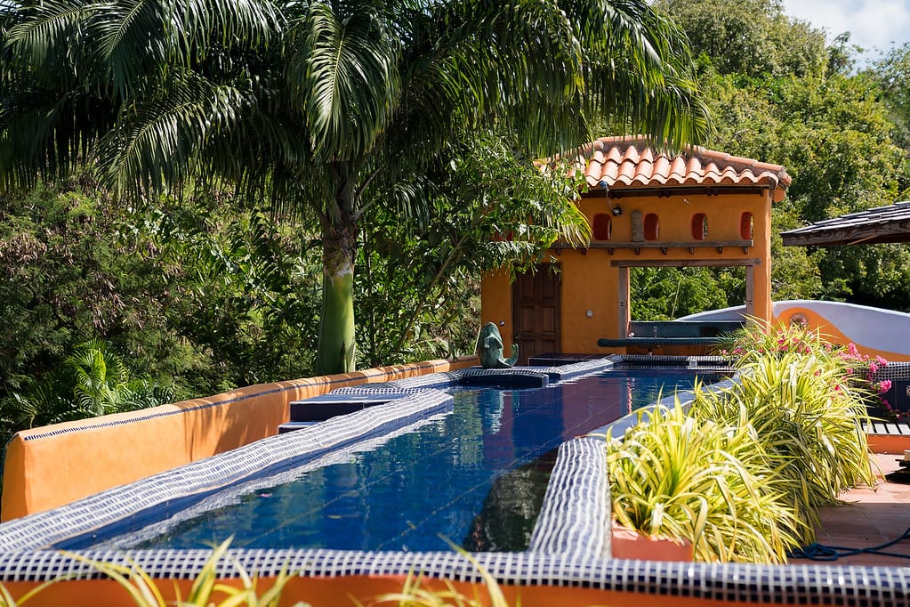 Villa entrance with palms