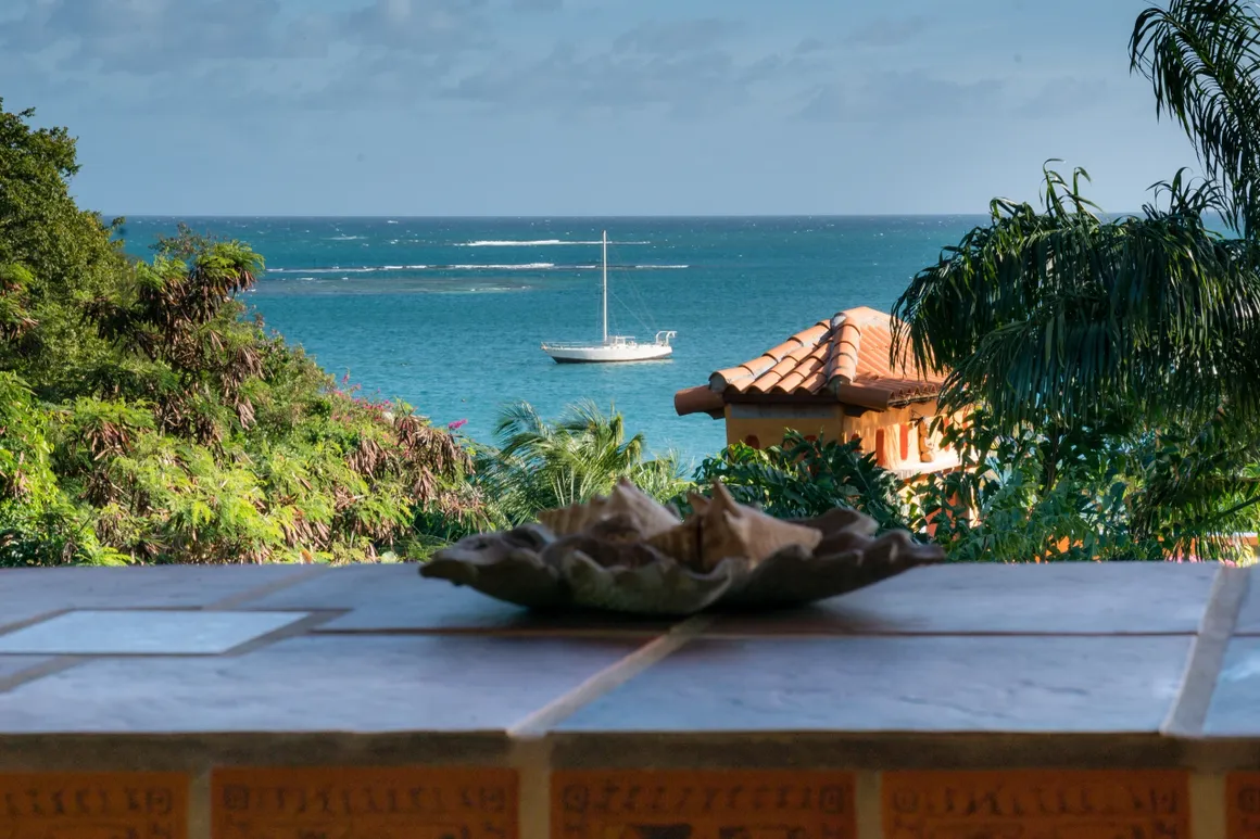 Tropical bay with sailboat
